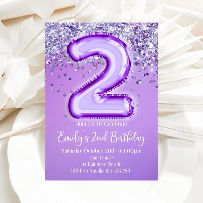 YOU PRINT, 2nd Birthday Invitation, Purple Glitter Invite