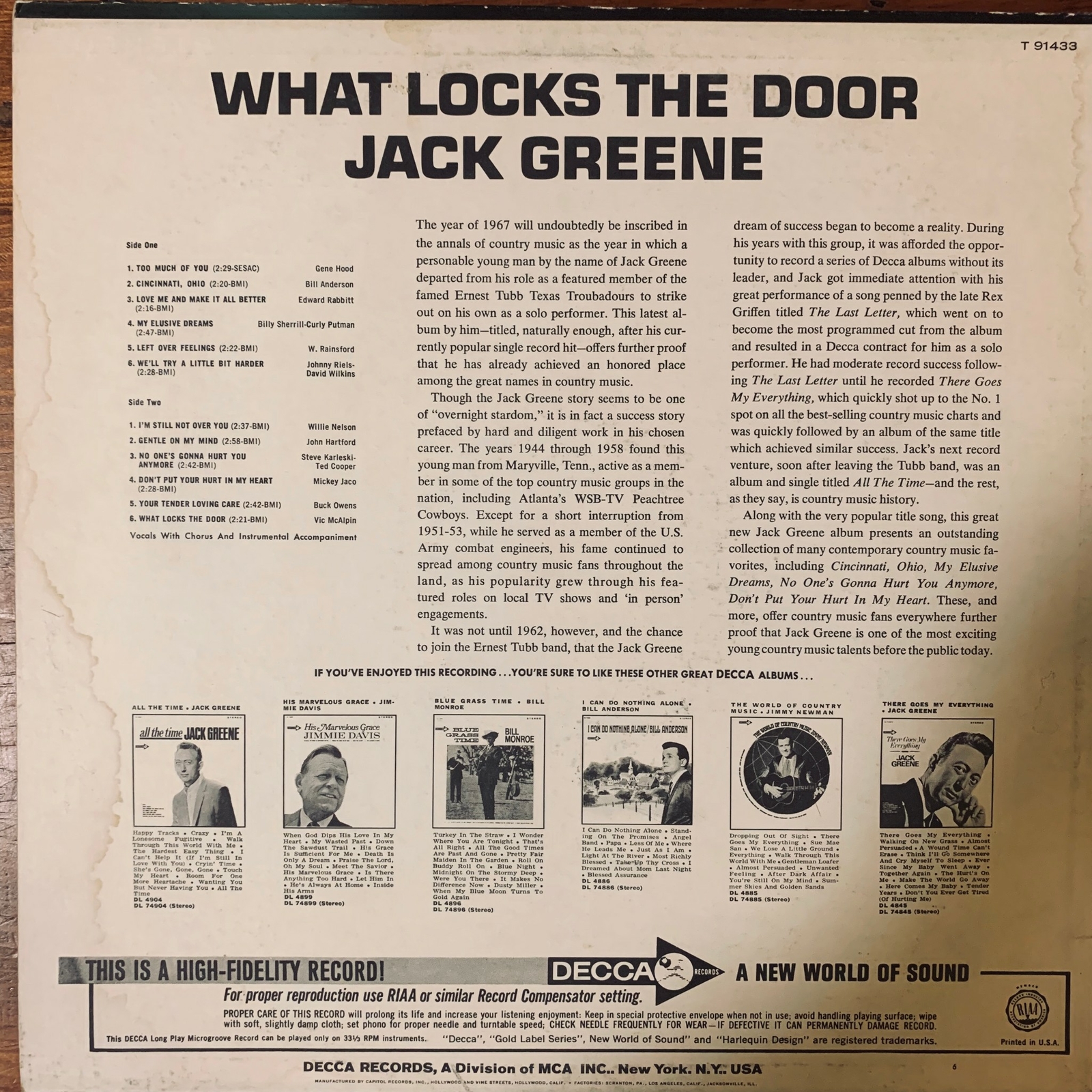 JACK GREENE WHAT LOCKS THE DOOR VINYL LP DECCA DL4939 VG CONDITION 10