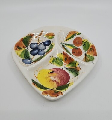 Vtg Italian Mediterranean Three Section Platter Dish Hand-Painted Signed Italy