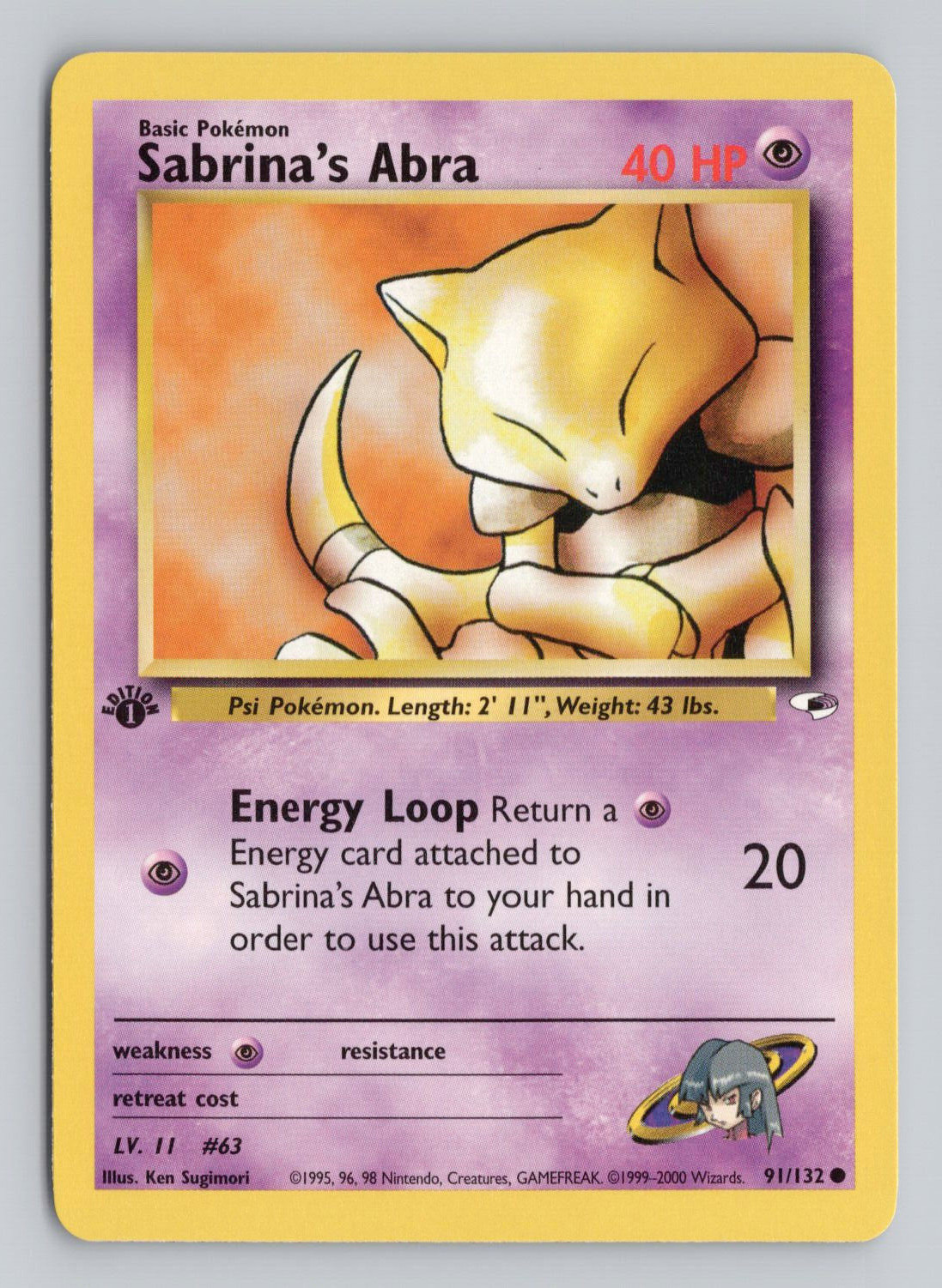 Sabrina's Abra 91/132 1st Edition Gym Heroes Pokemon Card LP