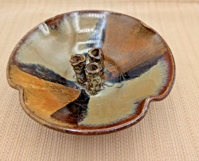 Japanese Studio Art Pottery Ikebana 3 Tub Flower Frog Bud Vase Bowl -Signed