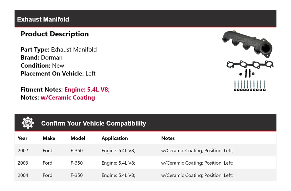 Colector de escape izquierdo Ford F-350 2002-2004 5,4 L V8 Dorman 2003 Foto 2 de 4