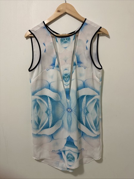 Finders Keepers Women’s Dress XS White & Blue Retro Mini Shift Sheer Panel