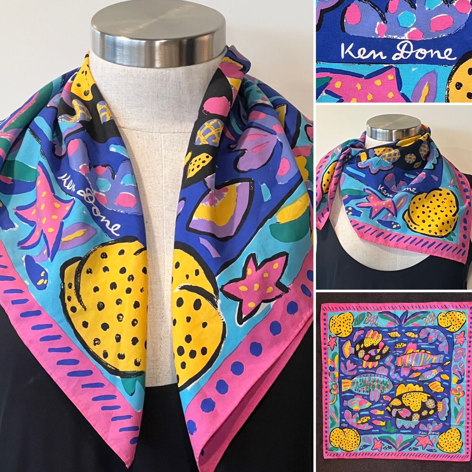 KEN DONE Vintage 1985 Below the Sea Print Scarf 60cm x 60cm Collectors Item