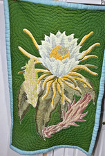 Throw Quilt Handmade Cereus Flower Night Bloom Appl. Cotton 52x34" Bright Design