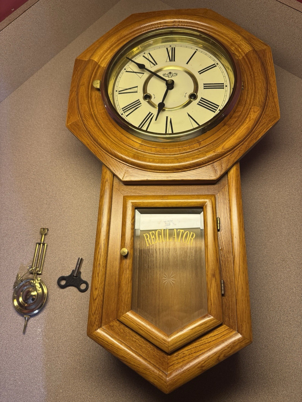 Functioning Vintage D & A Schoolhouse Regulator Wall Clock chiming with pendulum
