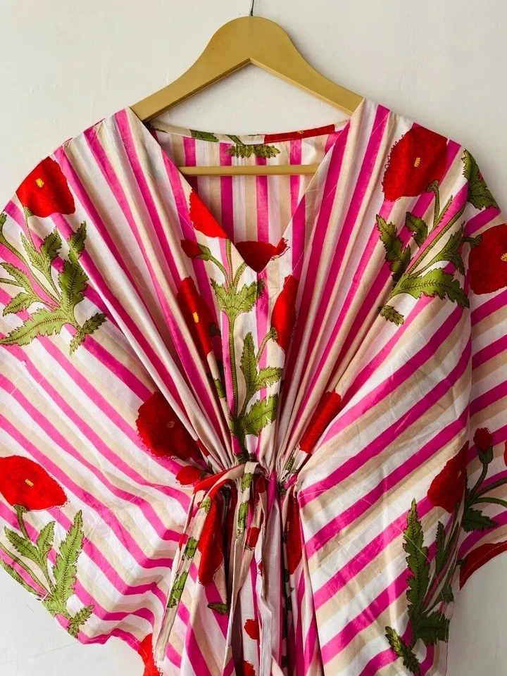 Indian Vintage 100% Cotton Long Beach Maxi Kaftan Dress One Size Caftan Kimono - image 4 of 4