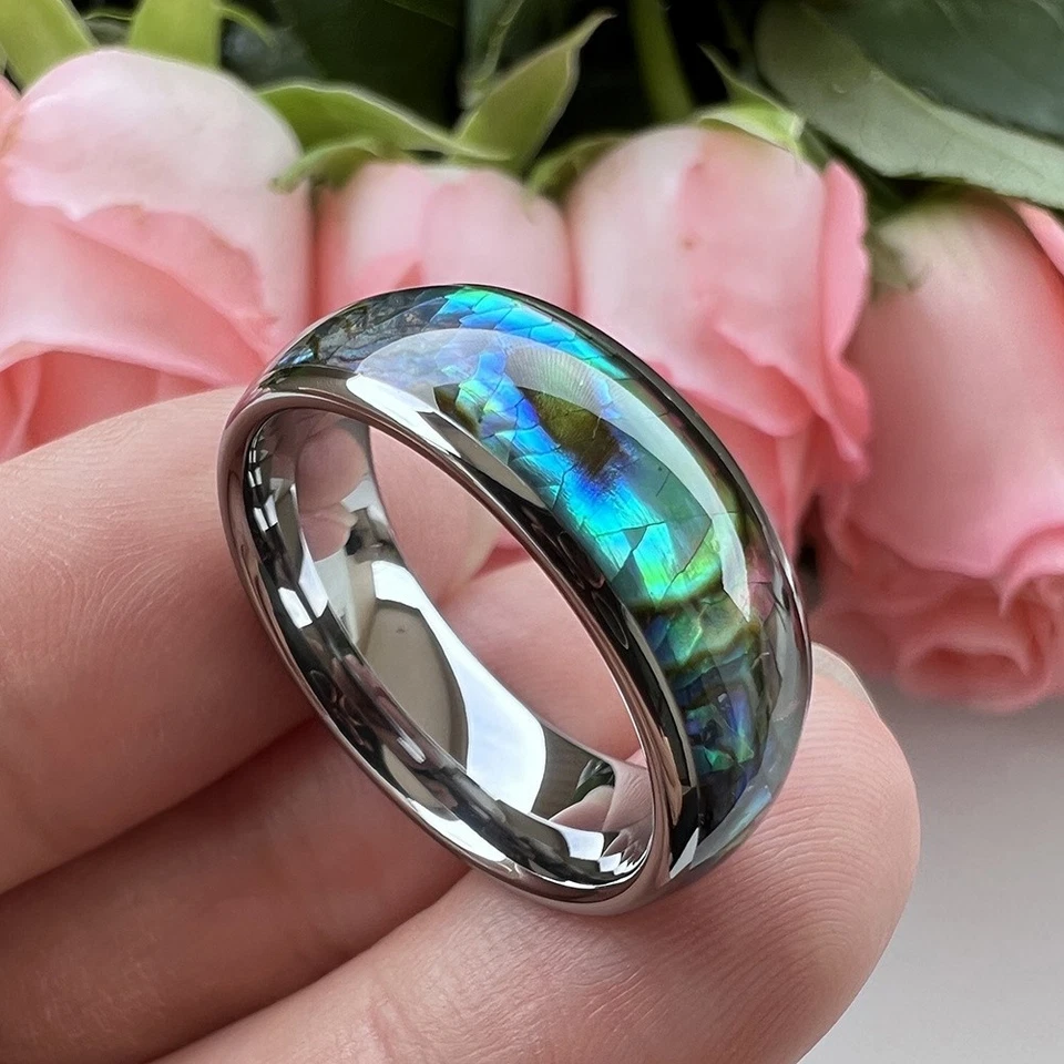 Alianza de boda con incrustación de carcasa de abulón de carburo de tungsteno de 4 mm 6 mm 8 mm Foto 3 de 4