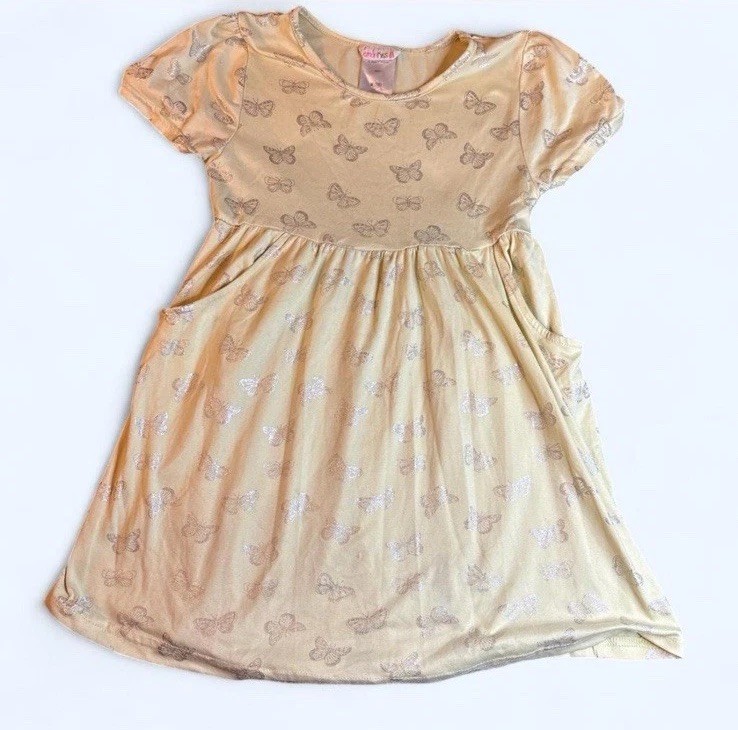 Lemon Kiss Girls' Yellow Butterfly Print Dress with Pockets