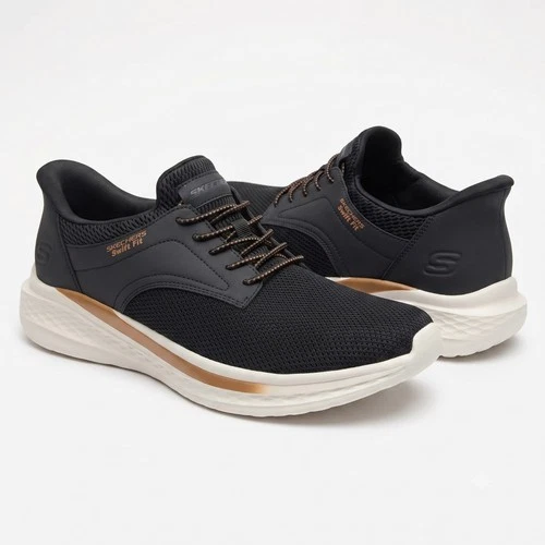 New Skechers Mens Sneakers Black Swift Fit Shoes Hands Free Slip On Size 8
