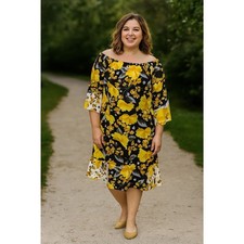 Romantic Flirty Floral Bardot contrast hem midi Dress Flounce Sleeves Size-1X