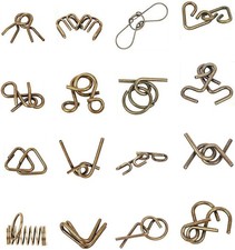 Ahyuan Metal Wire Puzzles Set of 16 with Pouch Large Thick IQ Test Bronze