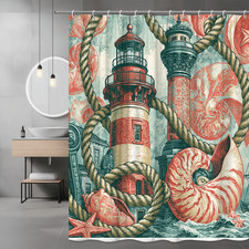 Lighthouse Nautical Shower Curtain with Rope and Seashell Print