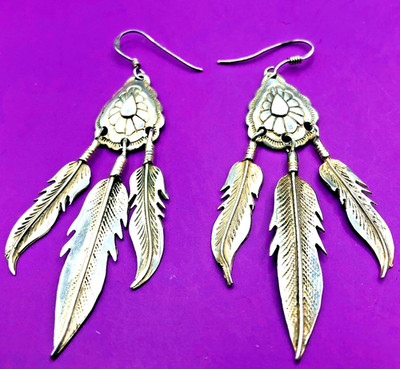 Vtg. Native American Sterling  2 3/4 Inch  Three Feather  Earrings  French Wire