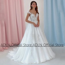 Sparkling Wedding Dress Cap Sleeve Scoop Neck Sequined Applique Sweep Train