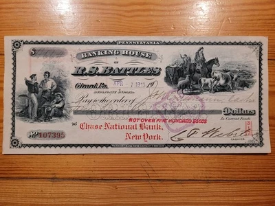 US: Scheck: Banking House of R.S. Battles, Girard, Pa. 1913* - Bild 1 von 4