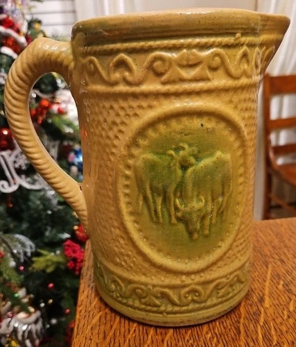 A.E. Hull Yelloware Salt Glazed Stoneware Grazing Cows Pitcher Early 1900s