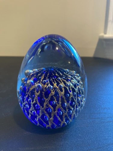 Murano Art Glass Paperweight Cobalt Blue & Gold Net Aventurine Bubbles 3.5"