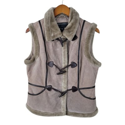 Bernardo Suede Leather Vest Medium Faux Fur Trim Boho Aspen Festival Toggle Vtg