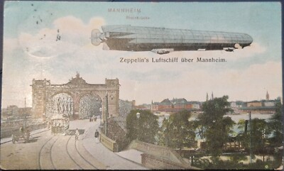 Zeppelin's Luftschiff über Mannheim, Rheinbrücke, AK, gelaufen, Ansichtskarte