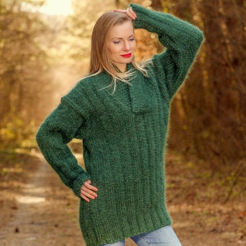 Green mohair sweater handmade longhai warm SuperTanya pullover L-XL - Picture 4 of 7