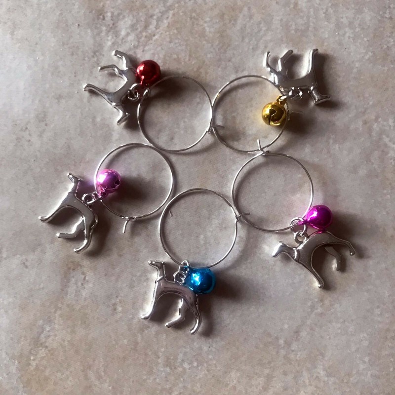 Greyhound or Whippet Wine Glass Charms with Bells - Set of 5 