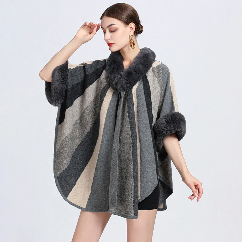 Ladies Faux Fur Collar Woolen Poncho Shawl Cape Cloak Cardigan Batwing Striped - Image 4 of 4