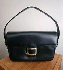 Vintage PRESTIGE Black Leather Purse Handbag Buckle Closure Bottom Studs