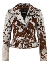 Women's Brando Style Biker Leather Jacket Hair On Cowhide Classic Fashion Jacket