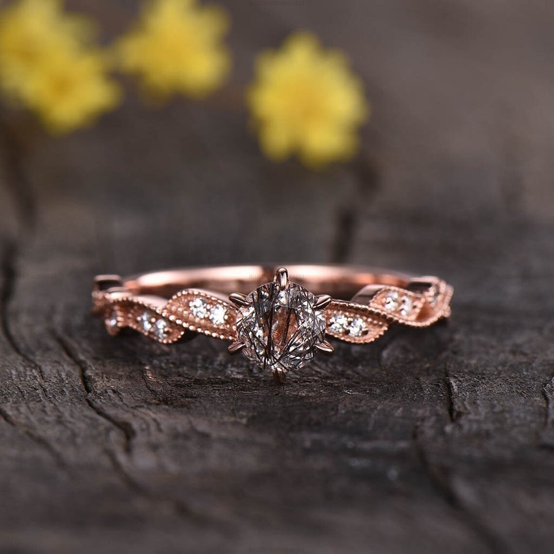 Anniversary Statement Engagement Ring 14k Gold Rutilated Quartz Diamond Jewelry