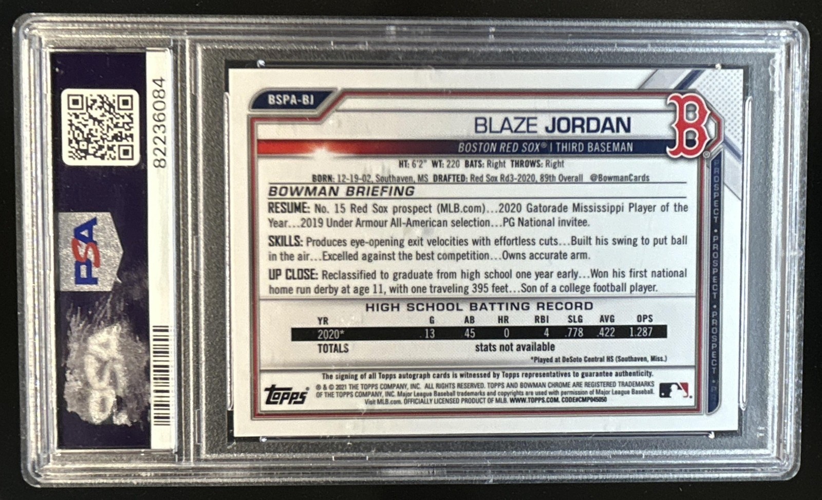 2021 Bowman Sapphire Blaze Jordan Chrome Auto Aqua Refractor #/99 Red Sox PSA 9 view 2
