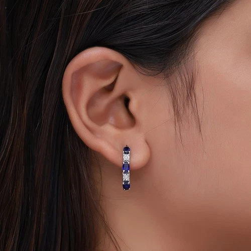 Hoop Earrings Blue Sapphire with Natural Diamonds in 14K White Gold Plated