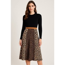 Eliza J black tan gold animal print skirt midi sweater dress size Large