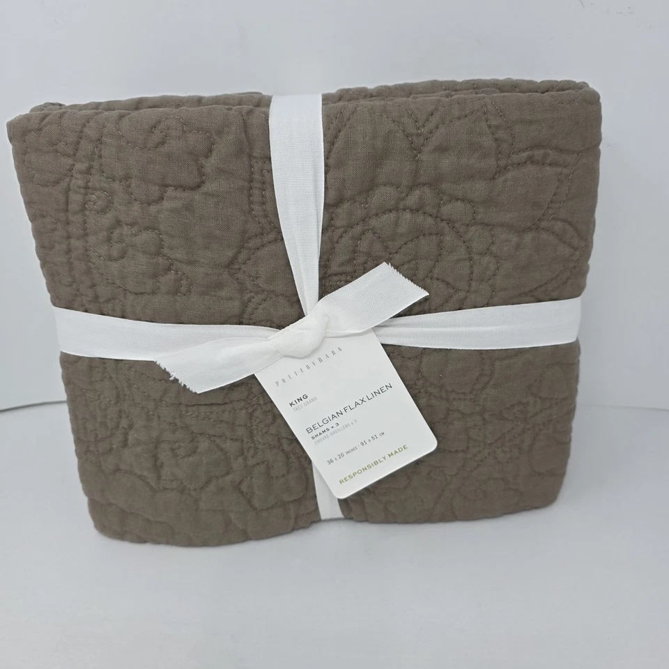 Juego de 3 fundas Pottery Barn lino belga floral KING Shams Café Noir Foto 2 de 4