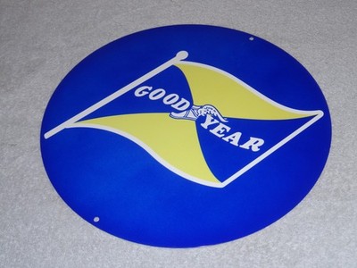 VINTAGE GOODYEAR TIRES +WINGED FOOT & FLAG 11 3/4'' METAL TIRE, GASOLINE OIL SIGN