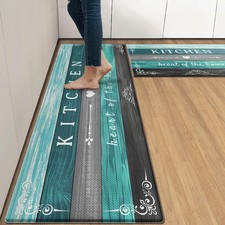 Teal Farmhouse Anti-Fatigue Kitchen Rug Set of 2 Grey Black Green Wood Vintag...