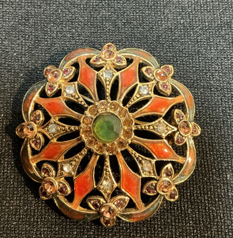 Vintage Signed Monet Enamel Rhinestones Gold Tone Orange Green Brooch Pin