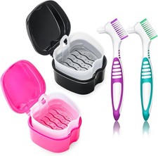Denture Bath Case Cup with Lid and Strainer Basket, Retainer Cleaner Case