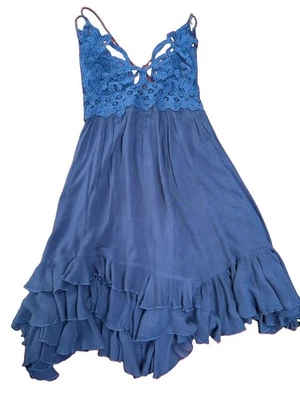 Free People FP One Blue Adella Lace Slip Dress Boho Deep V Sleeveless Size M - Image 1 of 4