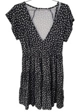 Urban Outfitters Mini Dress Size Small Ditsy Floral Tiered V Neck Black White