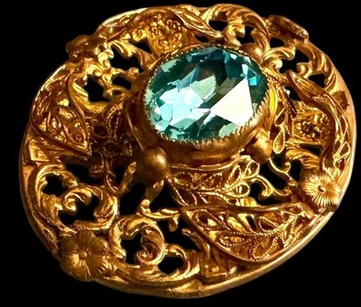 Cerulean Blue Olde World Filigree Ornate Royal Rhinestone Vintage Estate Brooch