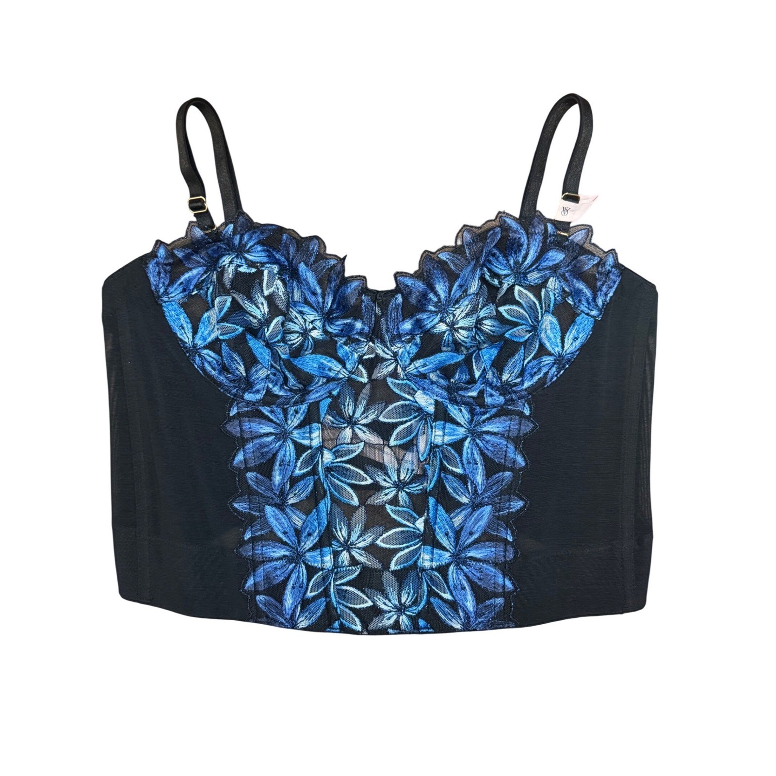 Victorias Secret Floral Embroidered Mesh Bustier Corset Top Black Blue 36B NWT