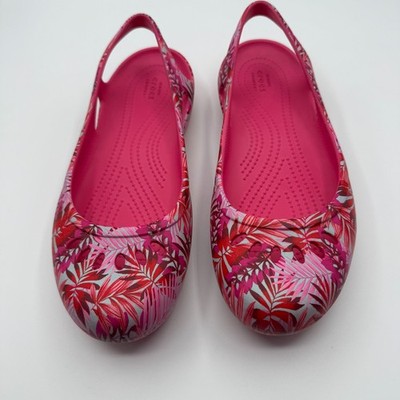 Crocs Kadee Ballet Flats Iconic Comfort Pink w/Palm Leaves Womens 9 Preowned