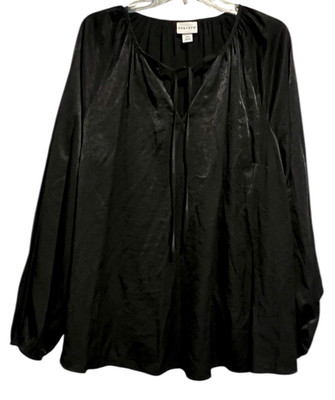 Ava & Viv Blouse Top Size 2XL Black Balloon Long Sleeve Tie Front Split Neck