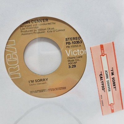 John Denver I'm Sorry / Calypso w/ juke 7'' 45rpm VG+  Vinyl 70's Record 45