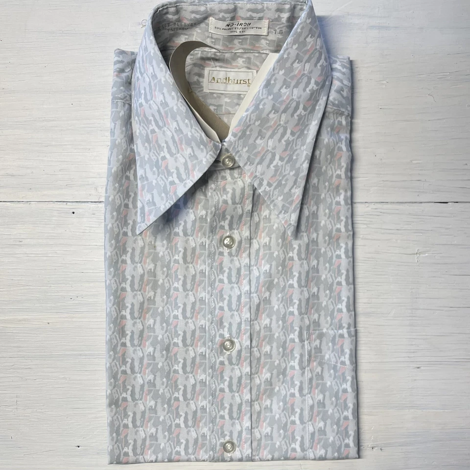 Camisa Cuello MARIPOSA L 16 De Colección Años 70 Patrón Abstracto Manga Corta Mod Disco Foto 3 de 4