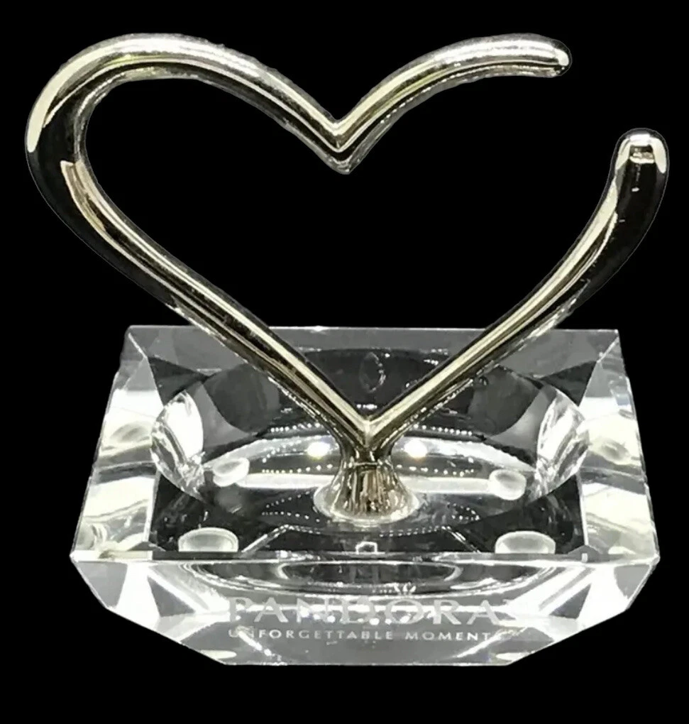 PANDORA Clear Glass Silver RING HOLDER Heart Crown Logo