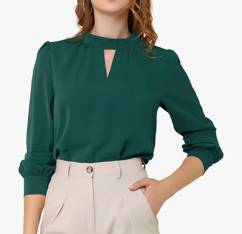 Allegra K Women's Medium Keyhole Neck Deep Green Stand Collar Dress Shirt for Elegant Style