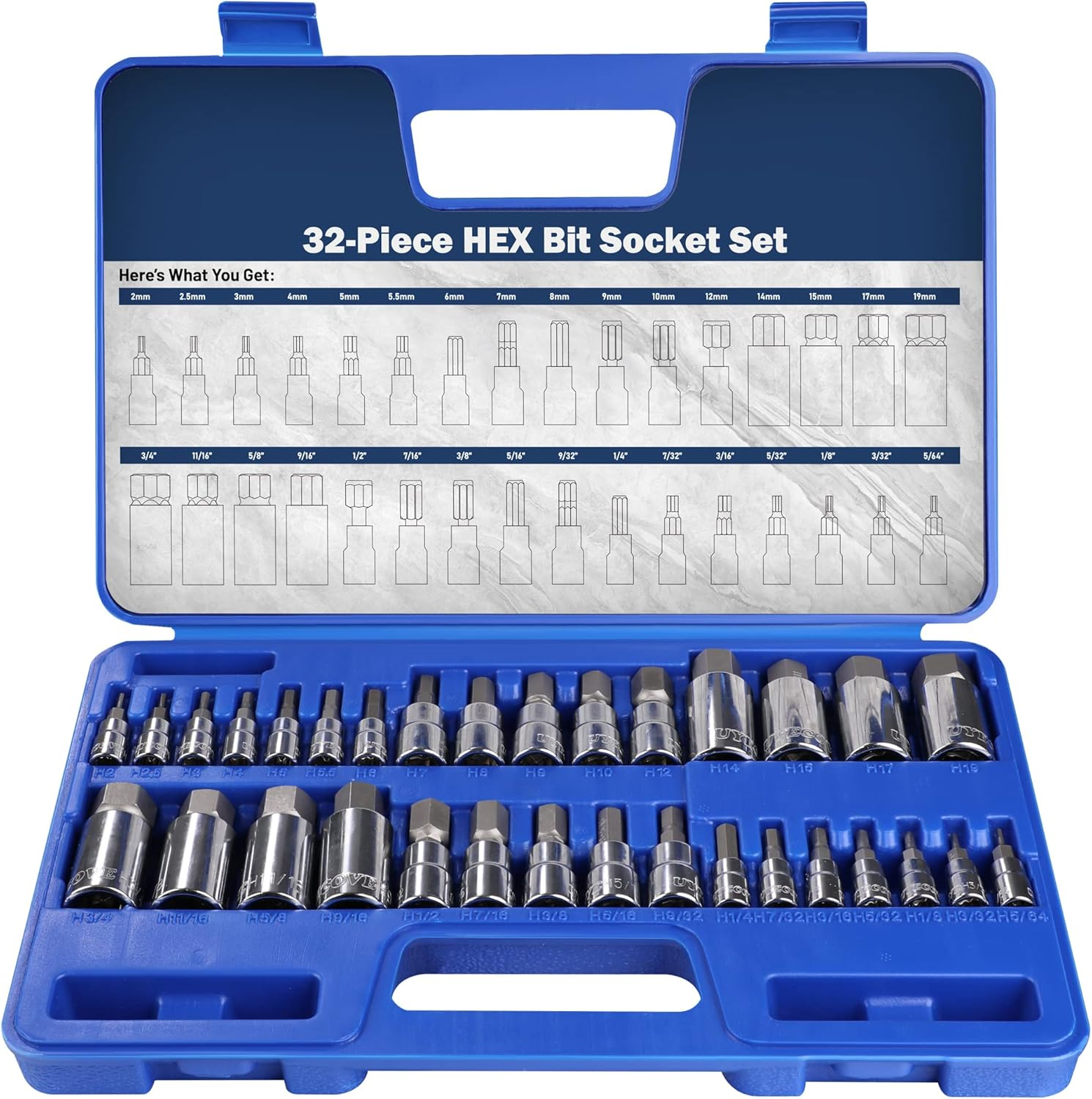 32-Piece Hex Bit Socket Set in S2 Alloy Steel - SAE & Metric Allen Head Sockets