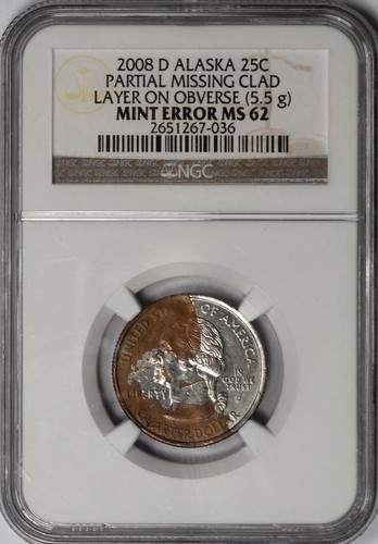 2008 D NGC MS62 Missing Partial Clad Layer Alaska Quarter Mint Error Rare Date - Picture 2 of 4